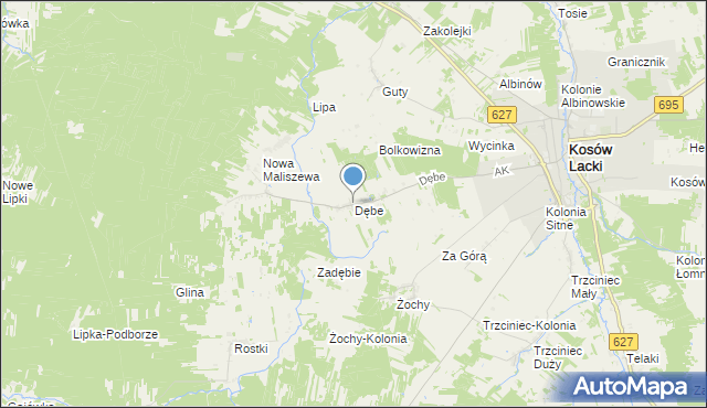 mapa Dębe, Dębe gmina Kosów Lacki na mapie Targeo